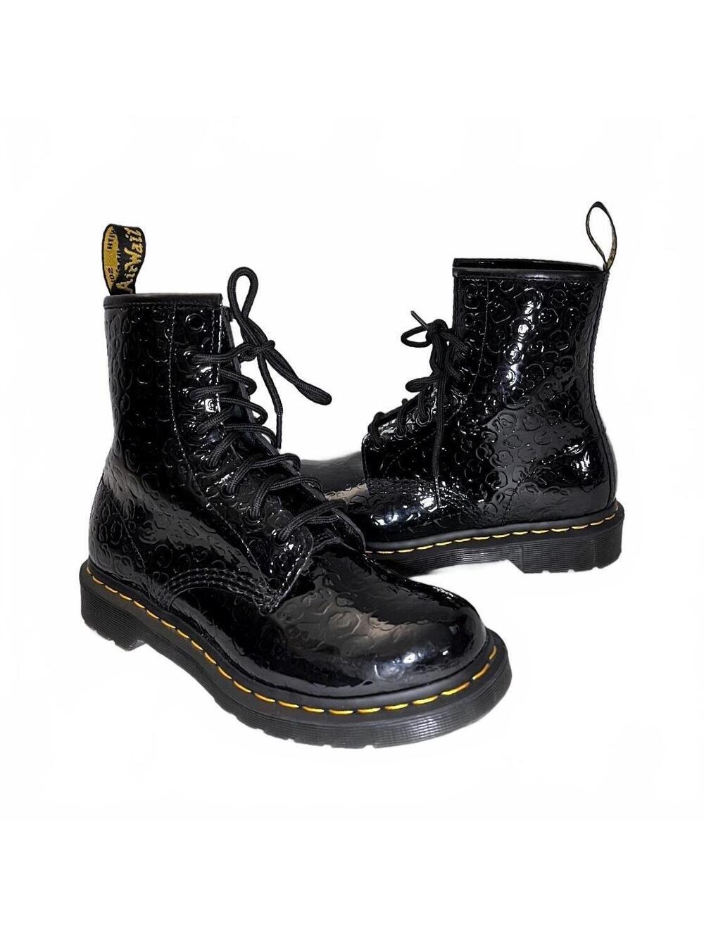 Dr. Martens Black Patent Leopard Embossed 8-Eye Boots Size EU 38 US 7